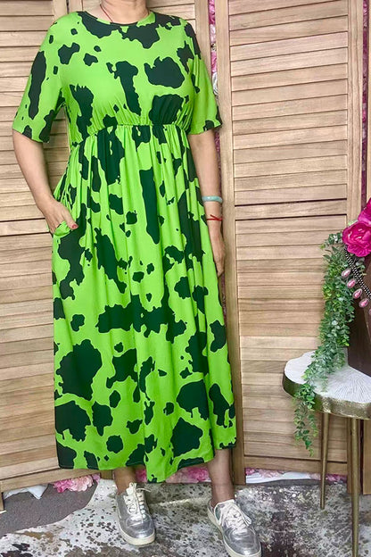 Western green cow print short sleeve women's boutique dress GJQ17304