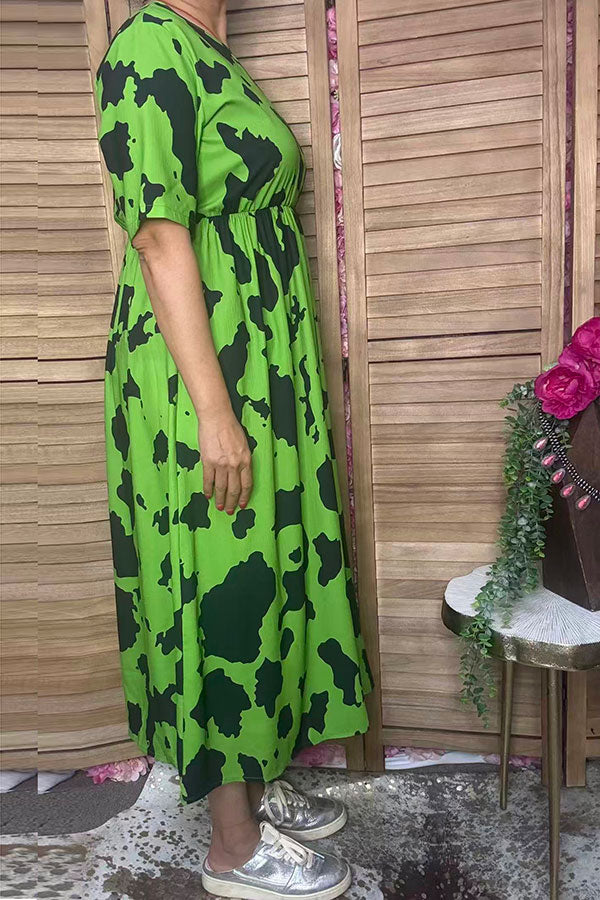 Western green cow print short sleeve women's boutique dress GJQ17304