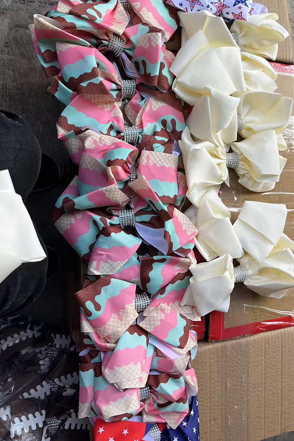 Chic double layer rehinestone 7.5" ice cream cone print boutique girls hairbow $12 for 12pc