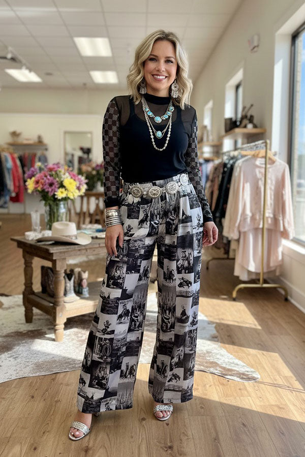 Western cowboy patchwork wide leg women's boutique pant Southern Stitch GJQ17275