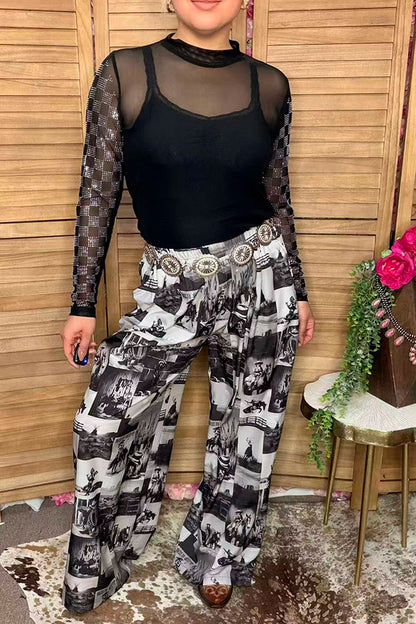 Western cowboy patchwork wide leg women's boutique pant Southern Stitch GJQ17275