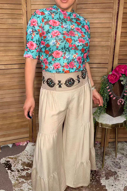 Chic turquoise floral short sleeve sheer women's boutique top Southern Stitch GJQ17250