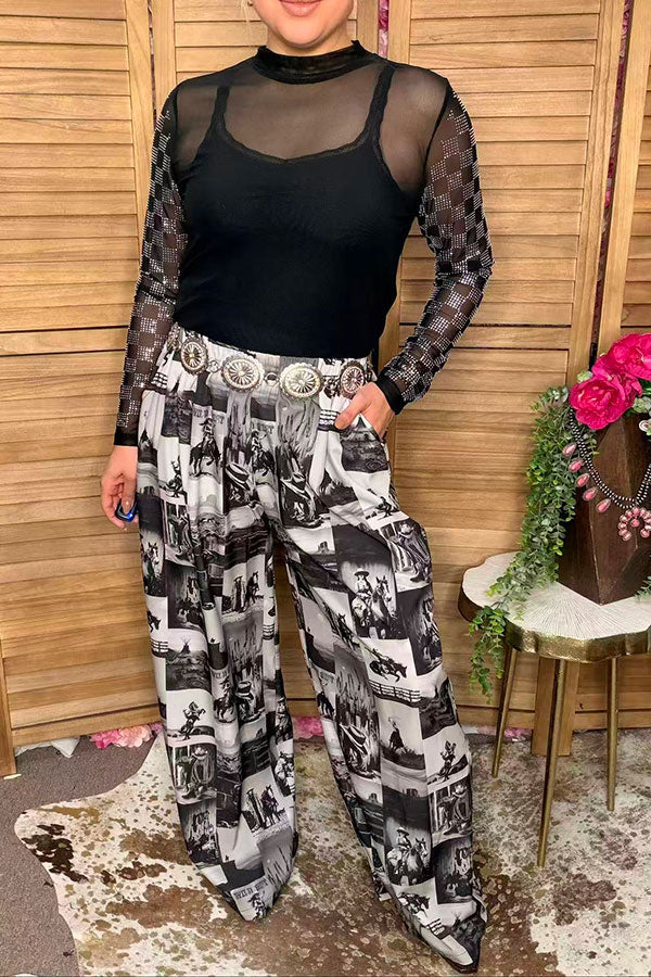 Western cowboy patchwork wide leg women's boutique pant Southern Stitch GJQ17275
