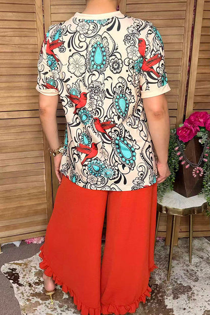 Western jewels & birds print short sleeve women's boutique top XCH17149