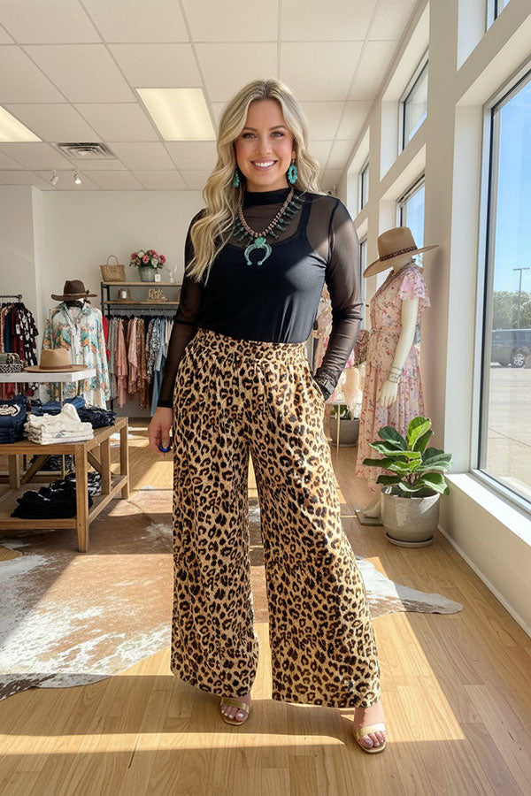 Western crinkle leopard wide leg women's boutique pant Southern Stitch XCH17390