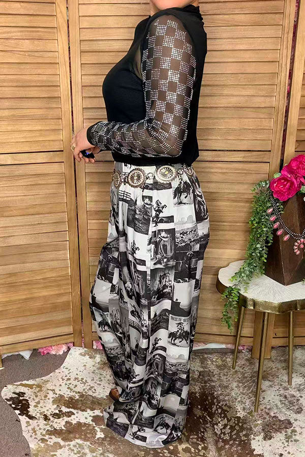 Western cowboy patchwork wide leg women's boutique pant Southern Stitch GJQ17275