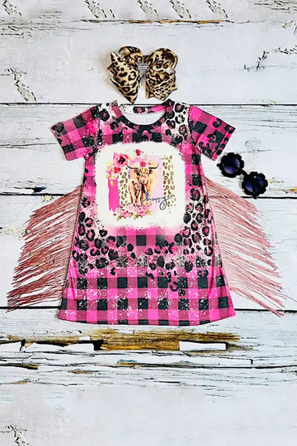 Western HAPPY COW checkered short sleeve girls boutique dress w/fringe tassels DLH2303 (A2S8)