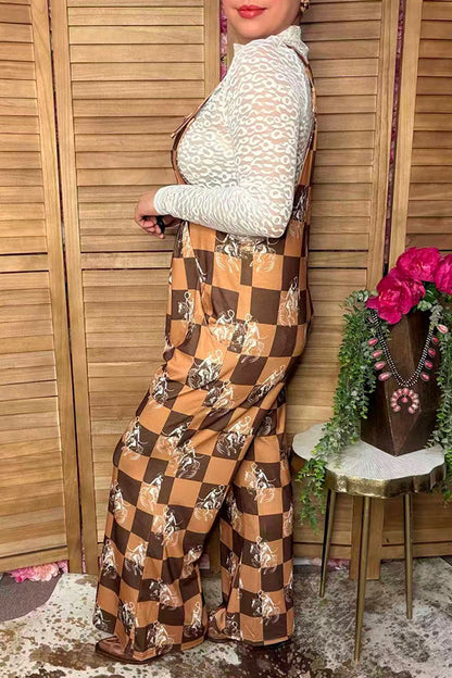 Western cowboy & checkered wide leg women's boutique jumpsuit XCH17204