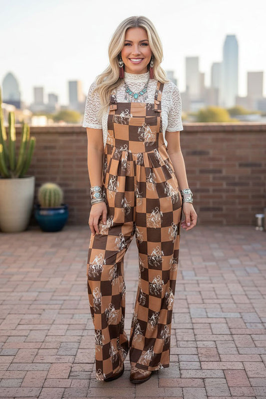 Western cowboy & checkered wide leg women's boutique jumpsuit XCH17204