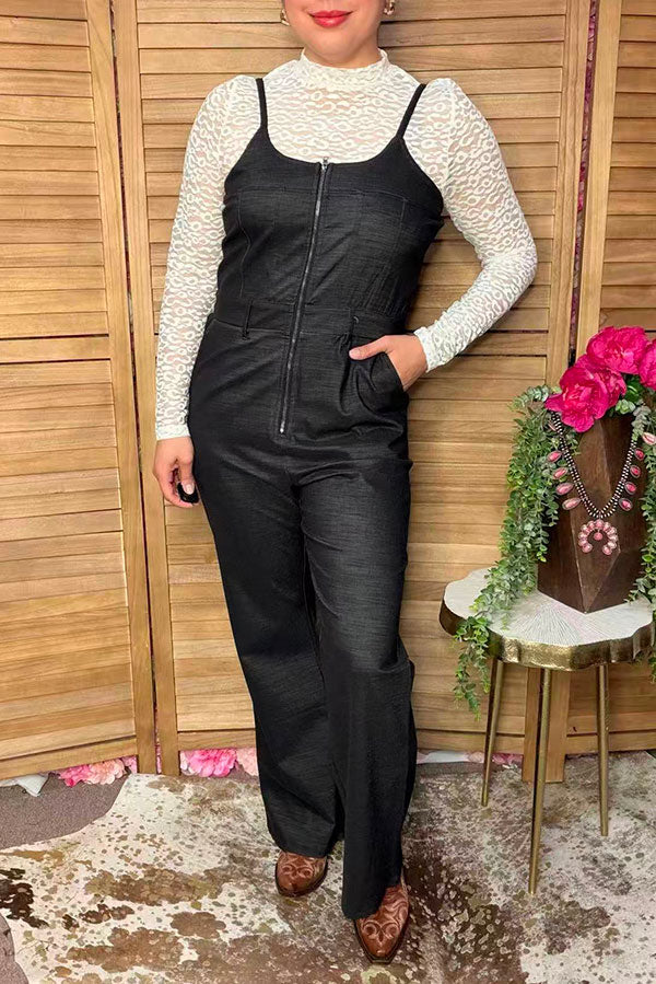 Western black denim wide leg women's boutique jumpsuit Southern Stitch XCH16404