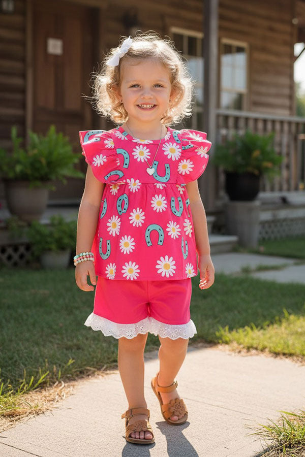 Western horse shoes & daisy flutter sleeve top & lace trim shorts girls boutique set XCH04070