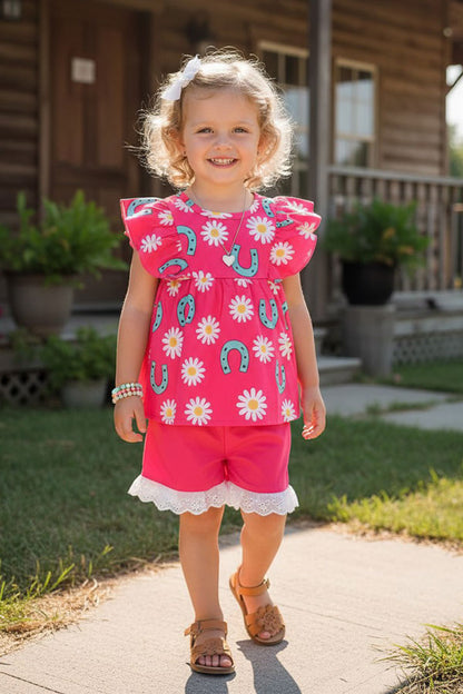 Western horse shoes & daisy flutter sleeve top & lace trim shorts girls boutique set XCH04070