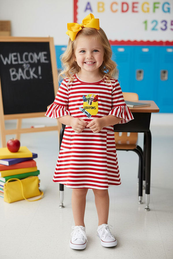 Western Back to school striped w/ crayons patch girls boutique dress DLH2421