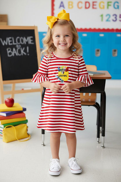 Western Back to school striped w/ crayons patch girls boutique dress DLH2421