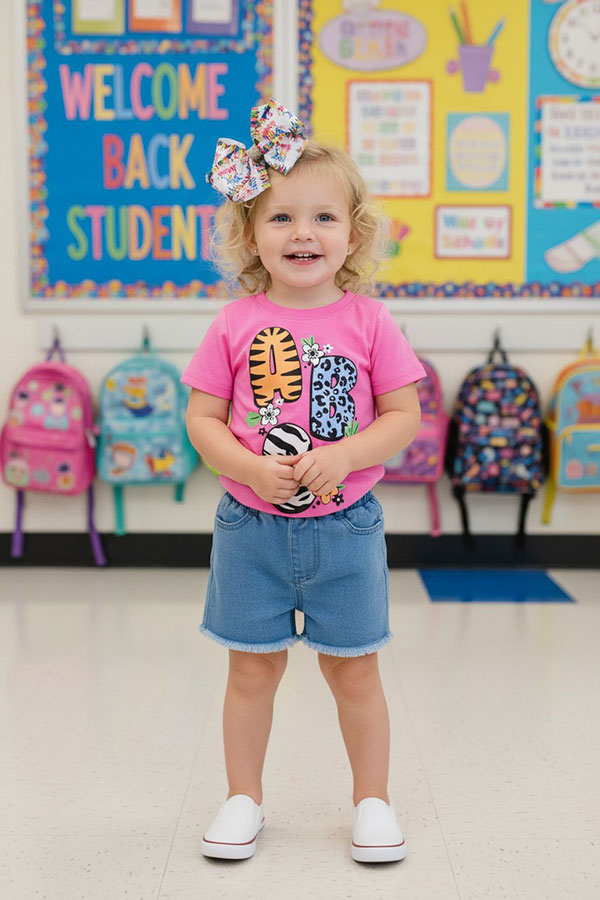 Western animal ABC pink top & denim shorts girls boutique set XCH01012/XCH09002