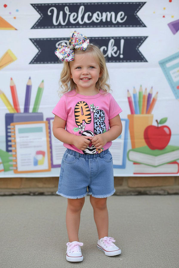 Western animal ABC pink top & denim shorts girls boutique set XCH01012/XCH09002