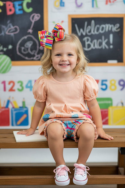 Back to school pensils patch top & ruffle striped shorts girls boutique sets DLH2845