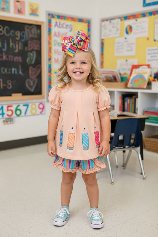 Back to school pensils patch top & ruffle striped shorts girls boutique sets DLH2845