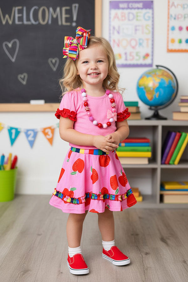 Back to school pink short sleeve top & apples skirt girls boutique set DLH2850