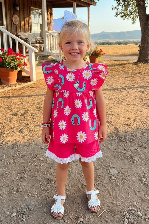 Western horse shoes & daisy flutter sleeve top & lace trim shorts girls boutique set XCH04070
