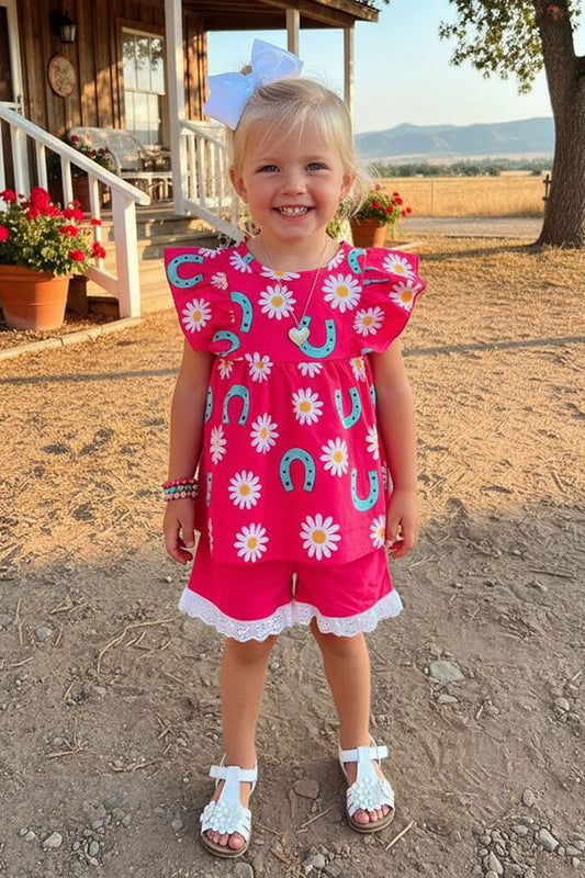 Western horse shoes & daisy flutter sleeve top & lace trim shorts girls boutique set XCH04070