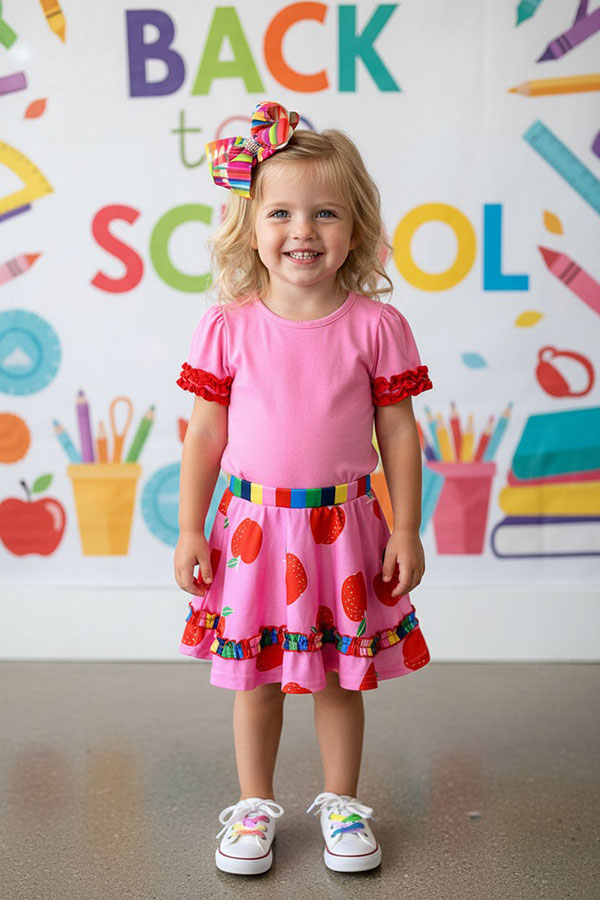 Back to school pink short sleeve top & apples skirt girls boutique set DLH2850