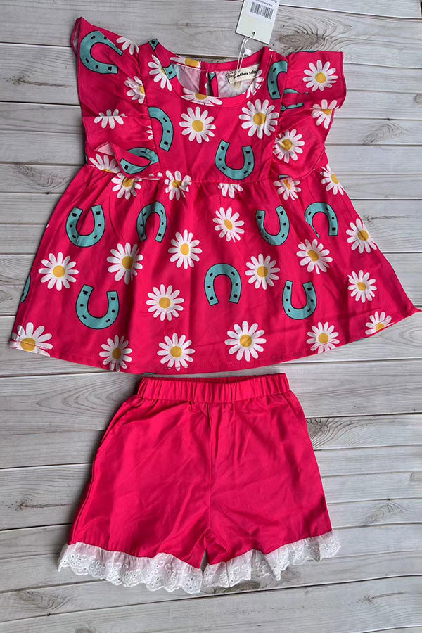 Western horse shoes & daisy flutter sleeve top & lace trim shorts girls boutique set XCH04070