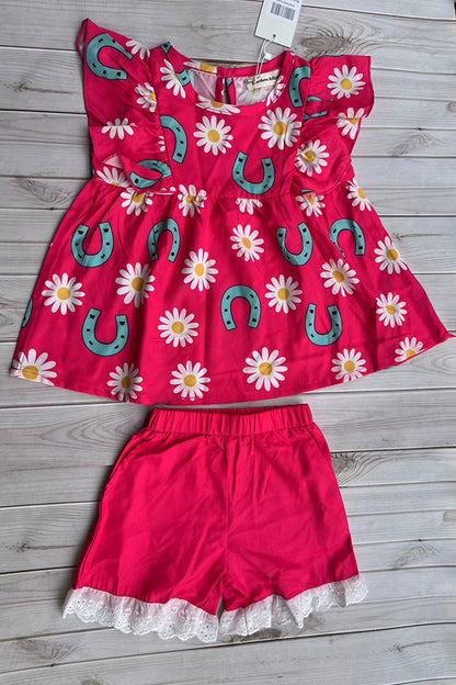 Western horse shoes & daisy flutter sleeve top & lace trim shorts girls boutique set XCH04070