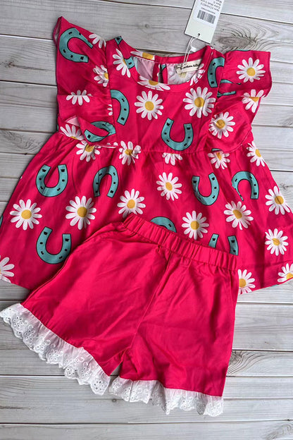 Western horse shoes & daisy flutter sleeve top & lace trim shorts girls boutique set XCH04070