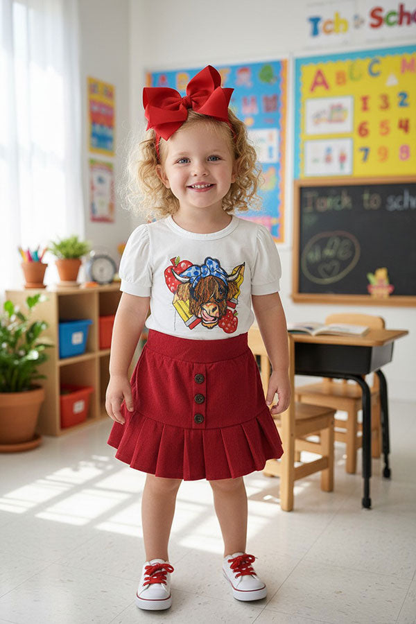 Western cow print white top & red skirt girls boutique sets DLH2533