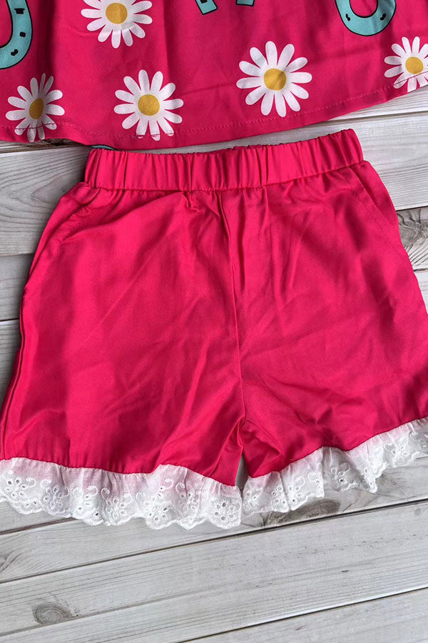 Western horse shoes & daisy flutter sleeve top & lace trim shorts girls boutique set XCH04070