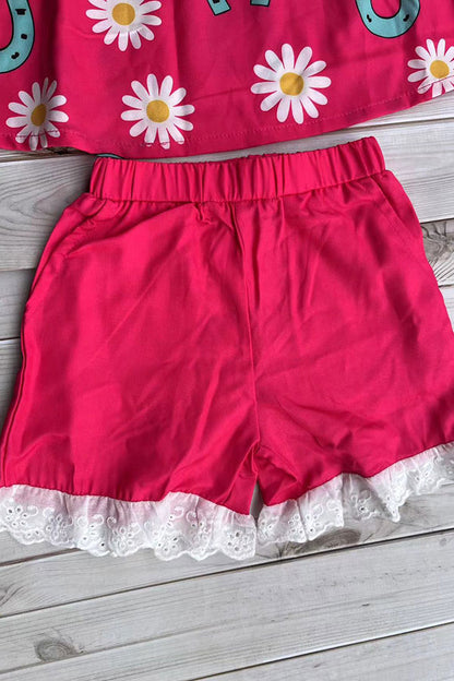 Western horse shoes & daisy flutter sleeve top & lace trim shorts girls boutique set XCH04070