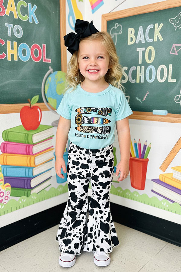 Back to school aqua pencils top & cow bell bottom girls boutique sets DLH2508