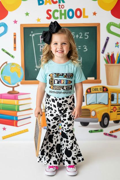 Back to school aqua pencils top & cow bell bottom girls boutique sets DLH2508