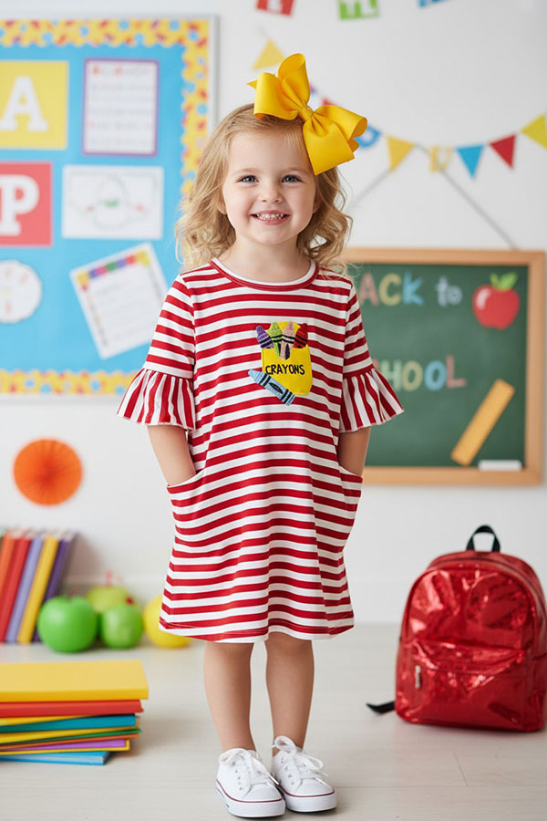 Western Back to school striped w/ crayons patch girls boutique dress DLH2421