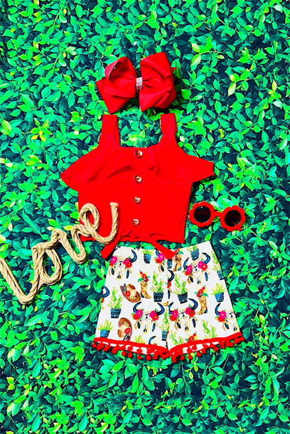 Western red top & bull skull ,boots shorts girls boutique set DLH2356