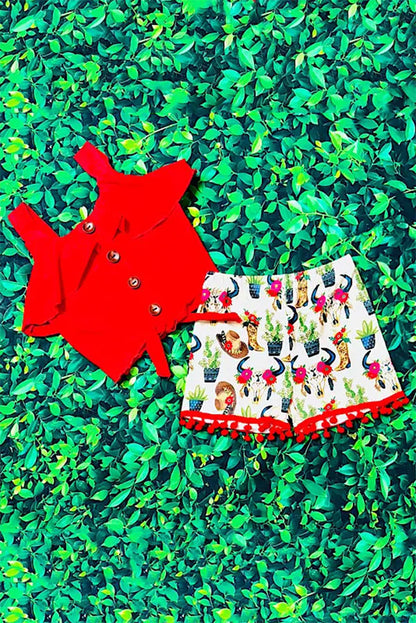 Western red top & bull skull ,boots shorts girls boutique set DLH2356