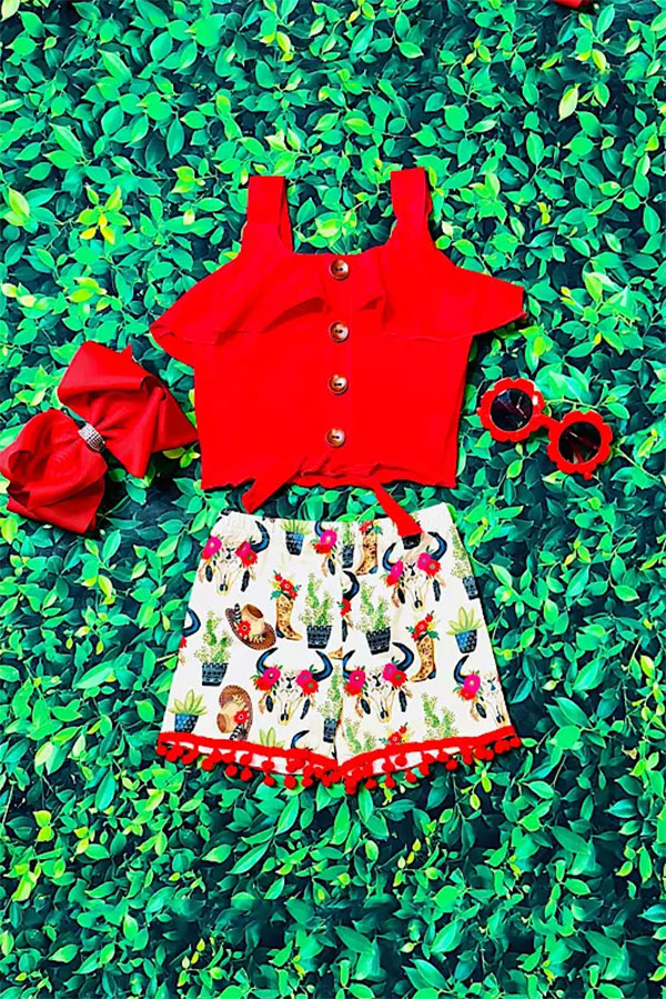 Western red top & bull skull ,boots shorts girls boutique set DLH2356