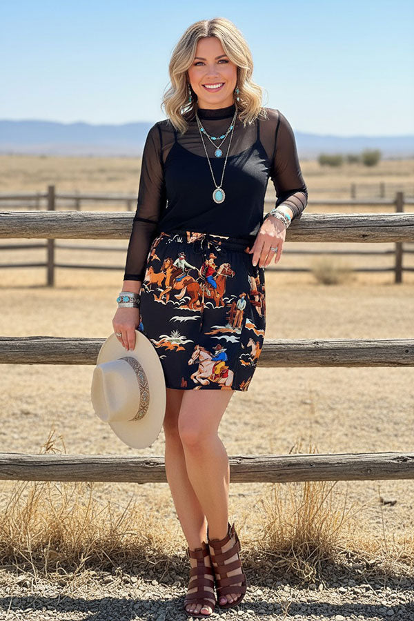 Western cowboy print black mini women's boutique skirt Southern Stitch XCH17176