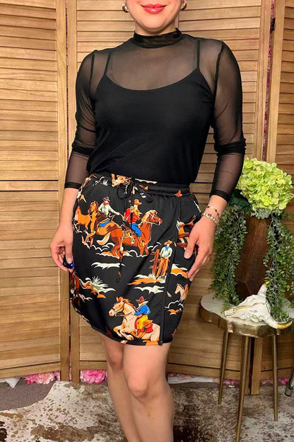 Western cowboy print black mini women's boutique skirt Southern Stitch XCH17176