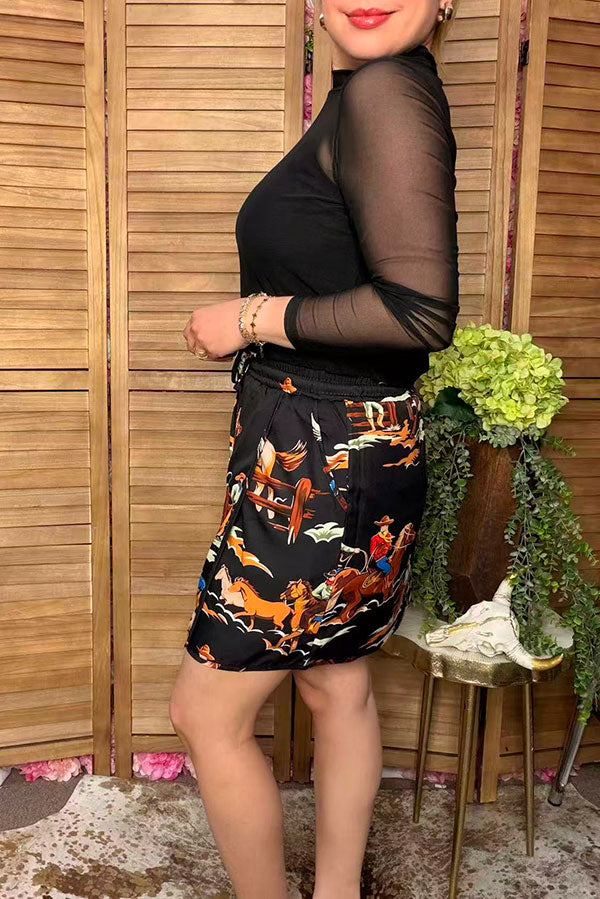 Western cowboy print black mini women's boutique skirt Southern Stitch XCH17176