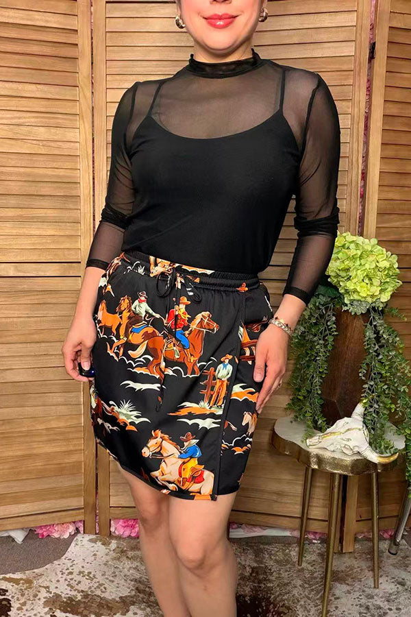 Western cowboy print black mini women's boutique skirt Southern Stitch XCH17176