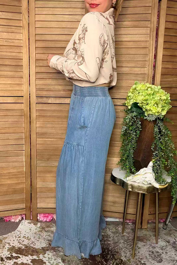 Western washed denim ruffled wide leg women's boutique jeans Southern Stitch XCH17284