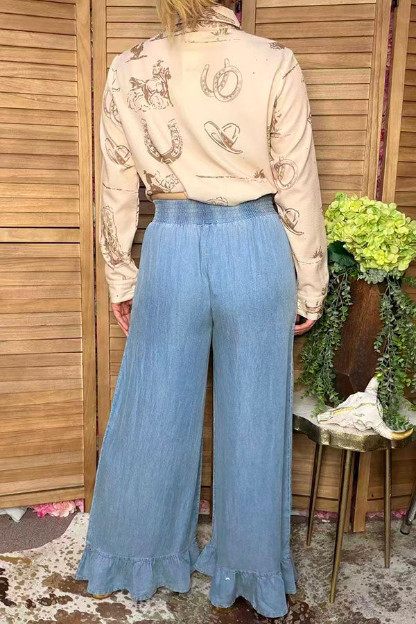 Western washed denim ruffled wide leg women's boutique jeans Southern Stitch XCH17284