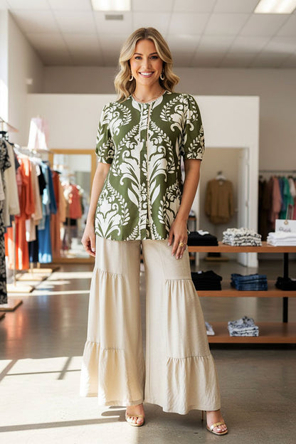 Chic olive green floral puff sleeve women's boutique top w/lace trim Southern Stitch GJQ17302