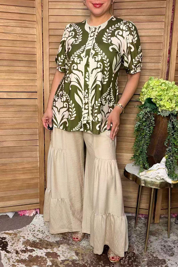 Chic olive green floral puff sleeve women's boutique top w/lace trim Southern Stitch GJQ17302