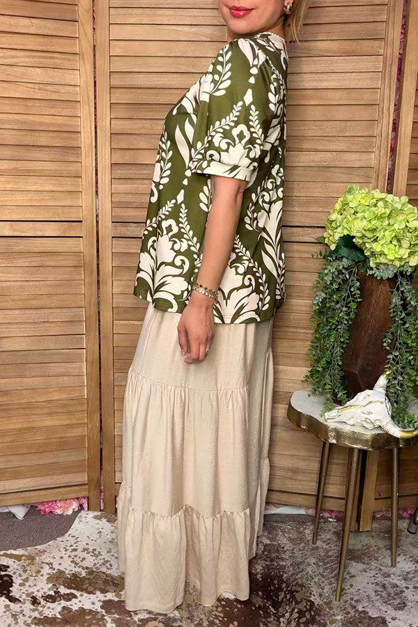 Chic olive green floral puff sleeve women's boutique top w/lace trim Southern Stitch GJQ17302