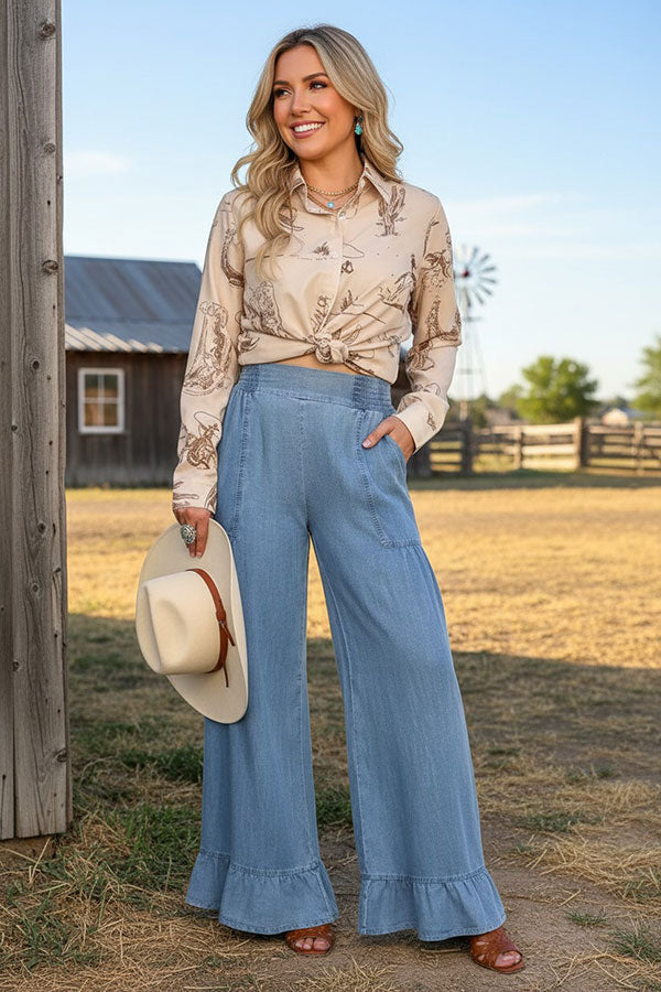 Western washed denim ruffled wide leg women's boutique jeans Southern Stitch XCH17284