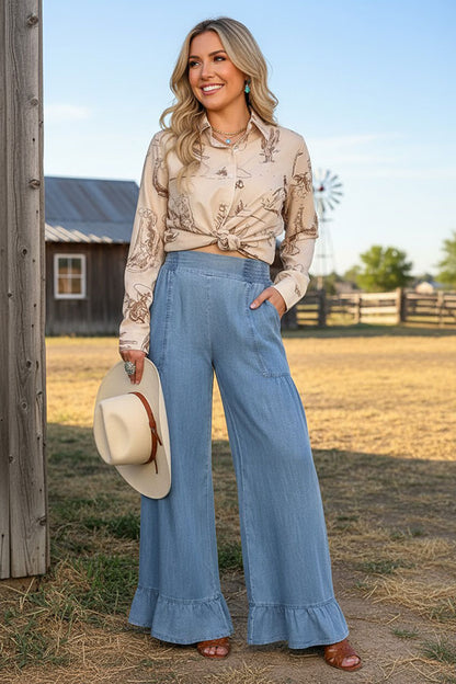 Western washed denim ruffled wide leg women's boutique jeans Southern Stitch XCH17284
