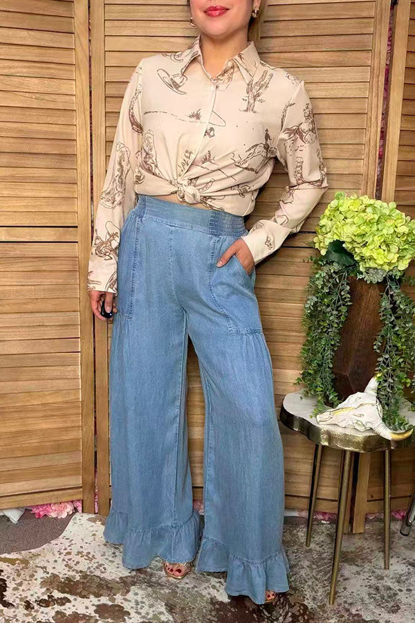 Western washed denim ruffled wide leg women's boutique jeans Southern Stitch XCH17284